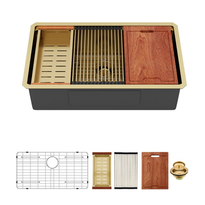 Gold Stainless Steel Undermount Kitchen Sink 36 X 19 X 9" 16 Gauge Deep Workstation Sink With Cutting Board And Accessories