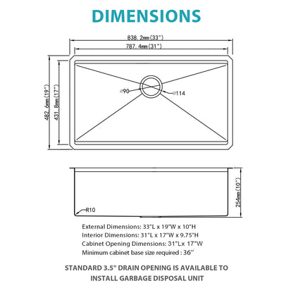 Gold Stainless Steel Undermount Kitchen Sink With Workstation 33 X 19 X 10 Inch, 16 Gauge Deep Bowl