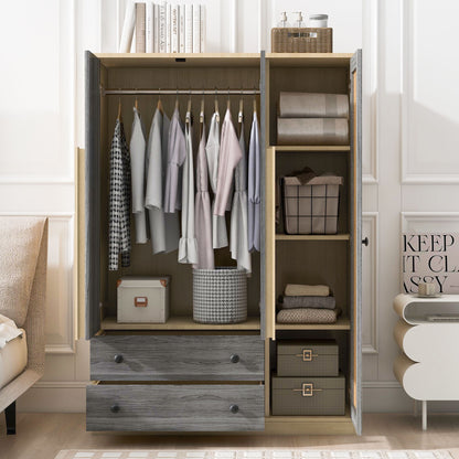 3 Doors Rattan Wardrobe Storage For Bedroom, With 2 Drawers