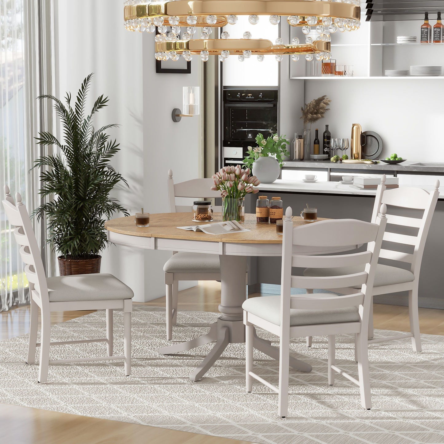 5 Piece Retro Functional Dining Table Set With Extendable Round Table And Upholstered Chairs