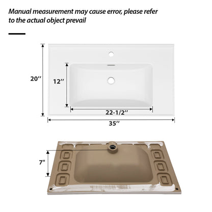 Rectangular Single Vanity Top With 1 Faucet Hole And Overflow, 35" X 20", Sink Only - White