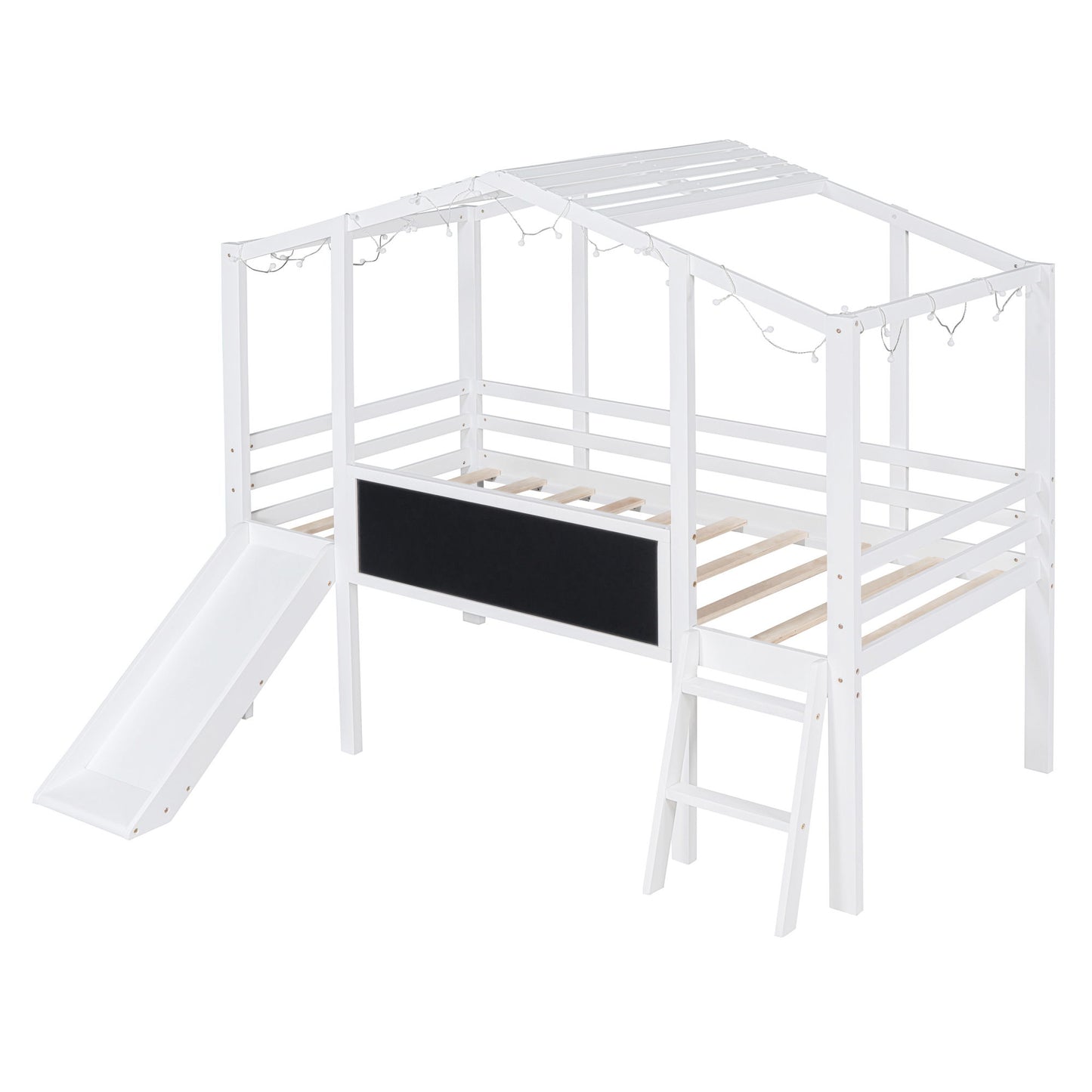 Loft House Bed With Ladder And Slide, With Blackboard And Light Strip On The Roof