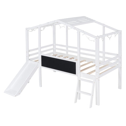 Loft House Bed With Ladder And Slide, With Blackboard And Light Strip On The Roof