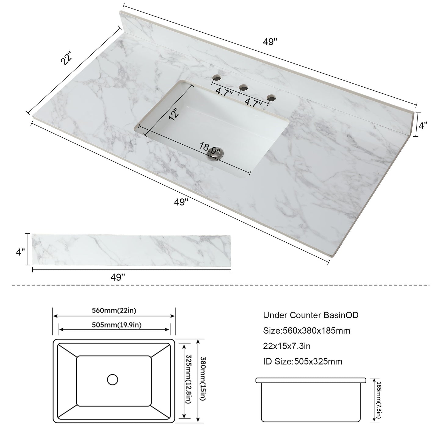 Elegant Sintered Stone Bathroom Vanity Top With Rectangular Undermount Ceramic Sink