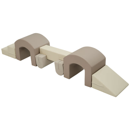 Indoor Soft Foam Climber Play Sets 7 In 1, Soft Play Equipment Climb And Crawl Playground For Toddlers, Kids Crawling And Climbing Active Play Structure - Coffee