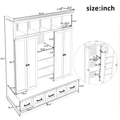Hall Tree With Bench And 5 Storage Cubbies