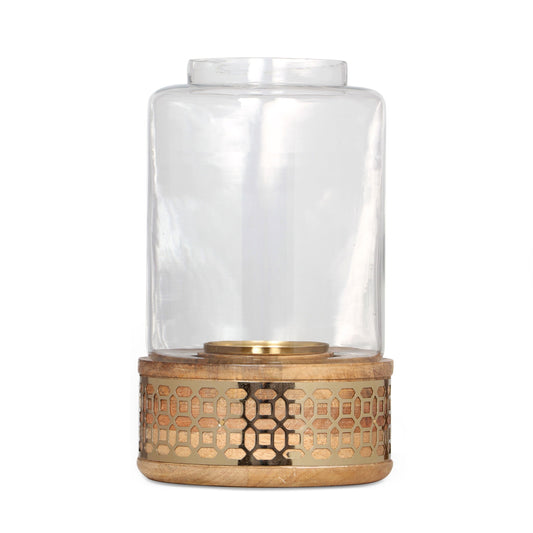 Lippert Boho Handcrafted Mango Wood Hurricane Candle Holder With Tempered Glass And Metal Accents, Large - Natural