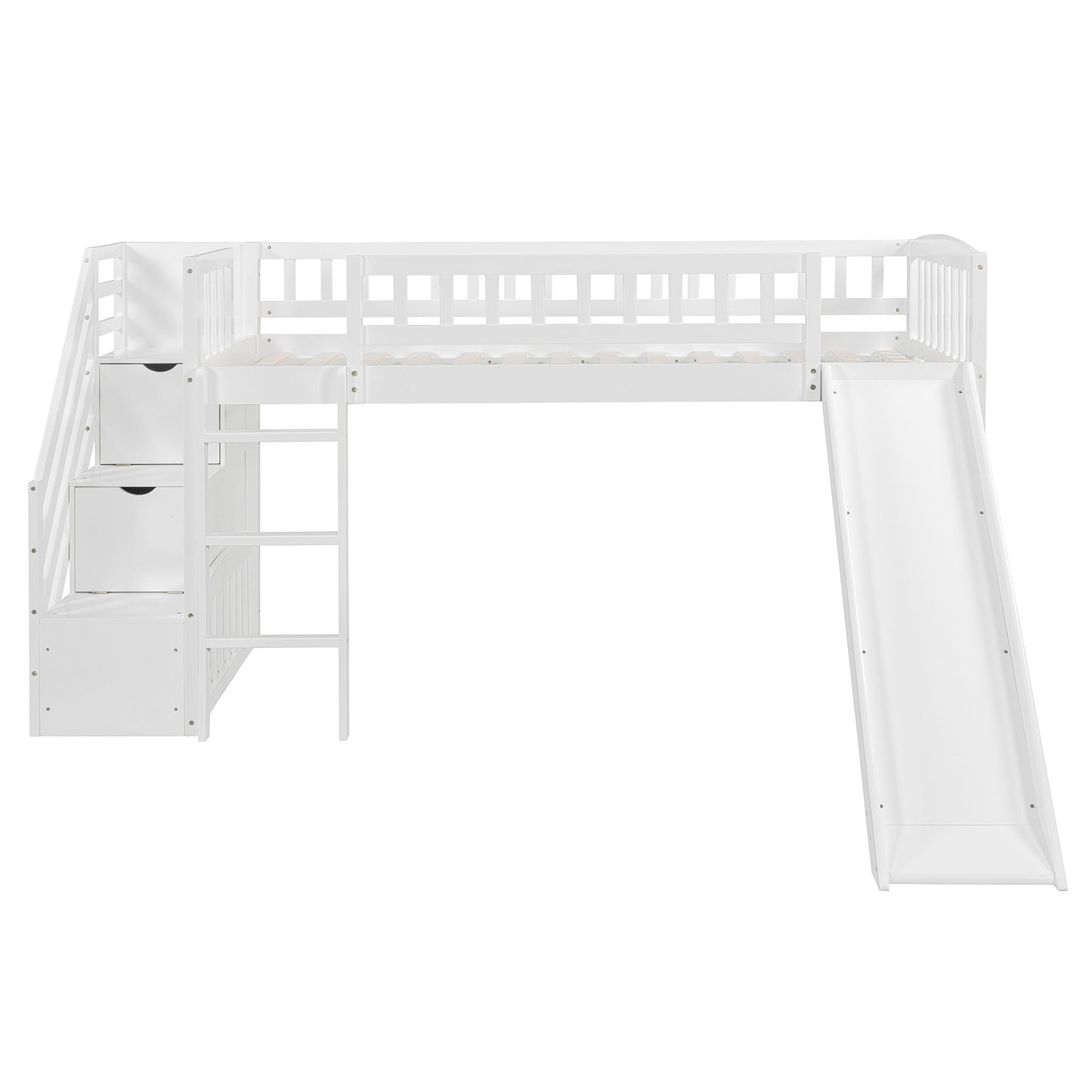 Loft Stairway Bed With 2 Drawers, Convertible Ladder And Slide