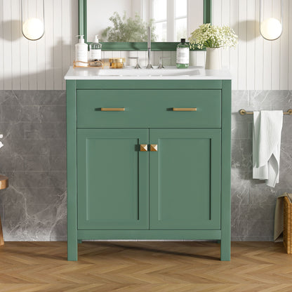 Bathroom Vanity With Ceramic Sink, Modern Single Bathroom Cabinet With 2 Doors And A Shelf, Soft Close Doors