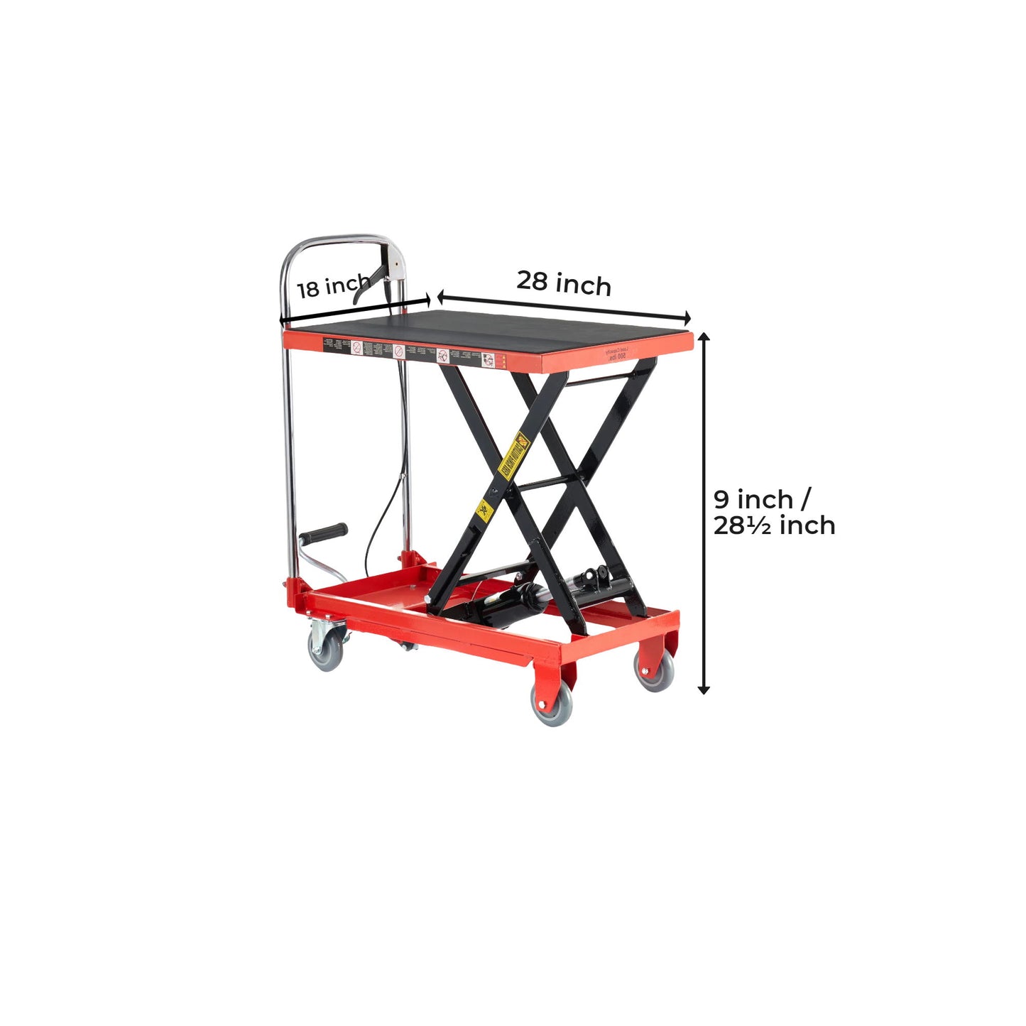 Hydraulic Lift Table Cart 500Lbs Load Red Single Scissor Lift With Non Slip Pads And Wheels - Red / Black