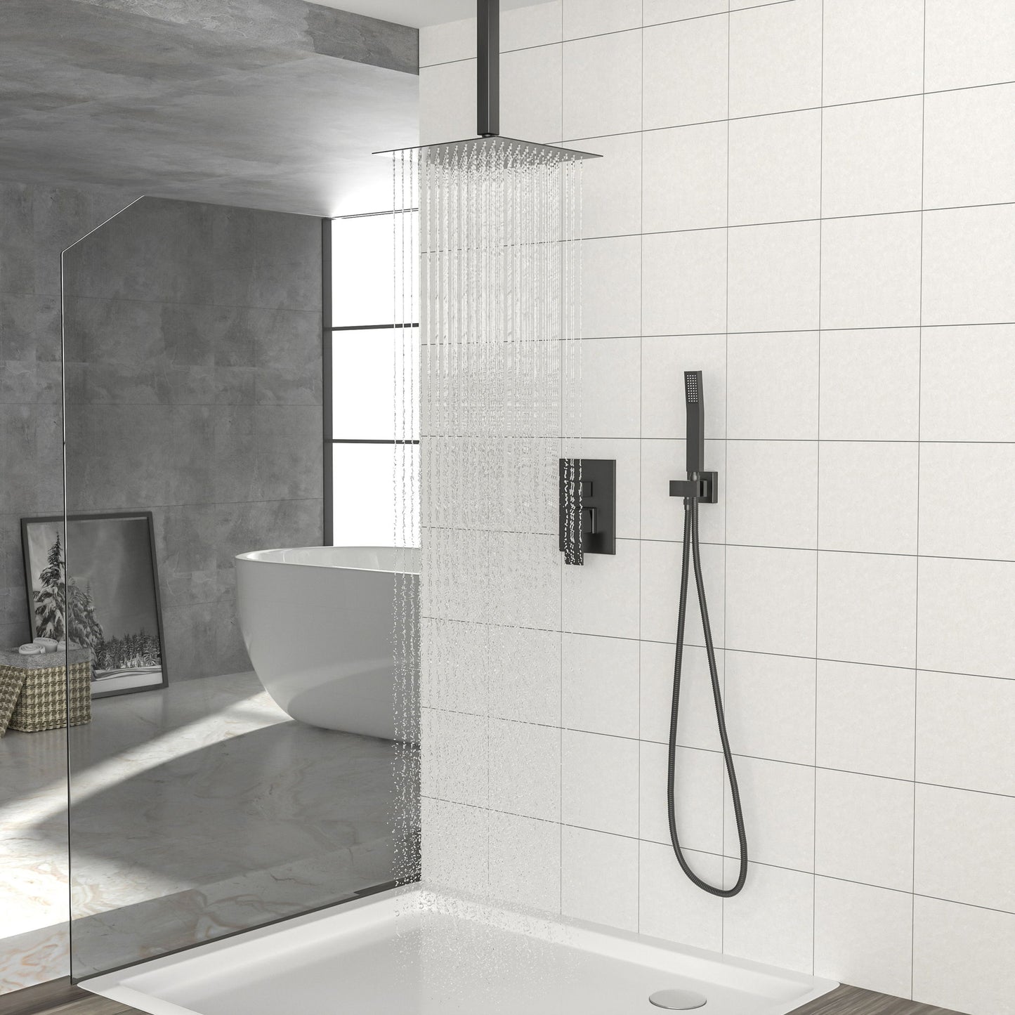 Dual Shower Head 10" Ceiling Mount Square Shower System With Rough In Valve - Matte Black