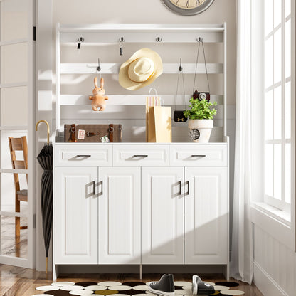 Minimalist 4 Door Shoe Cabinet With Coat Rack, 3 Drawers, 8 Shelves, Metal Hooks And Handles