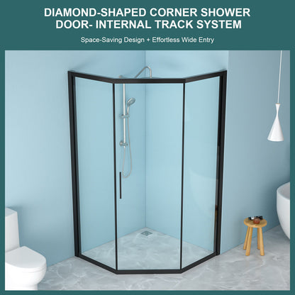 Diamond Shaped Corner Shower Door, Inward Sliding, Stainless Steel Frame