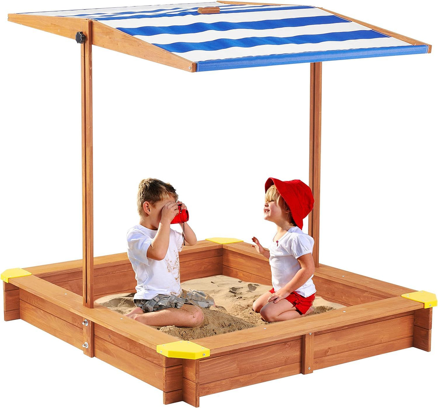 Kids Sandbox With Cover, Sand Box With Adjustable Canopy, Large Outdoor Cedar Sandpit For Backyard Play - Reddish Brown