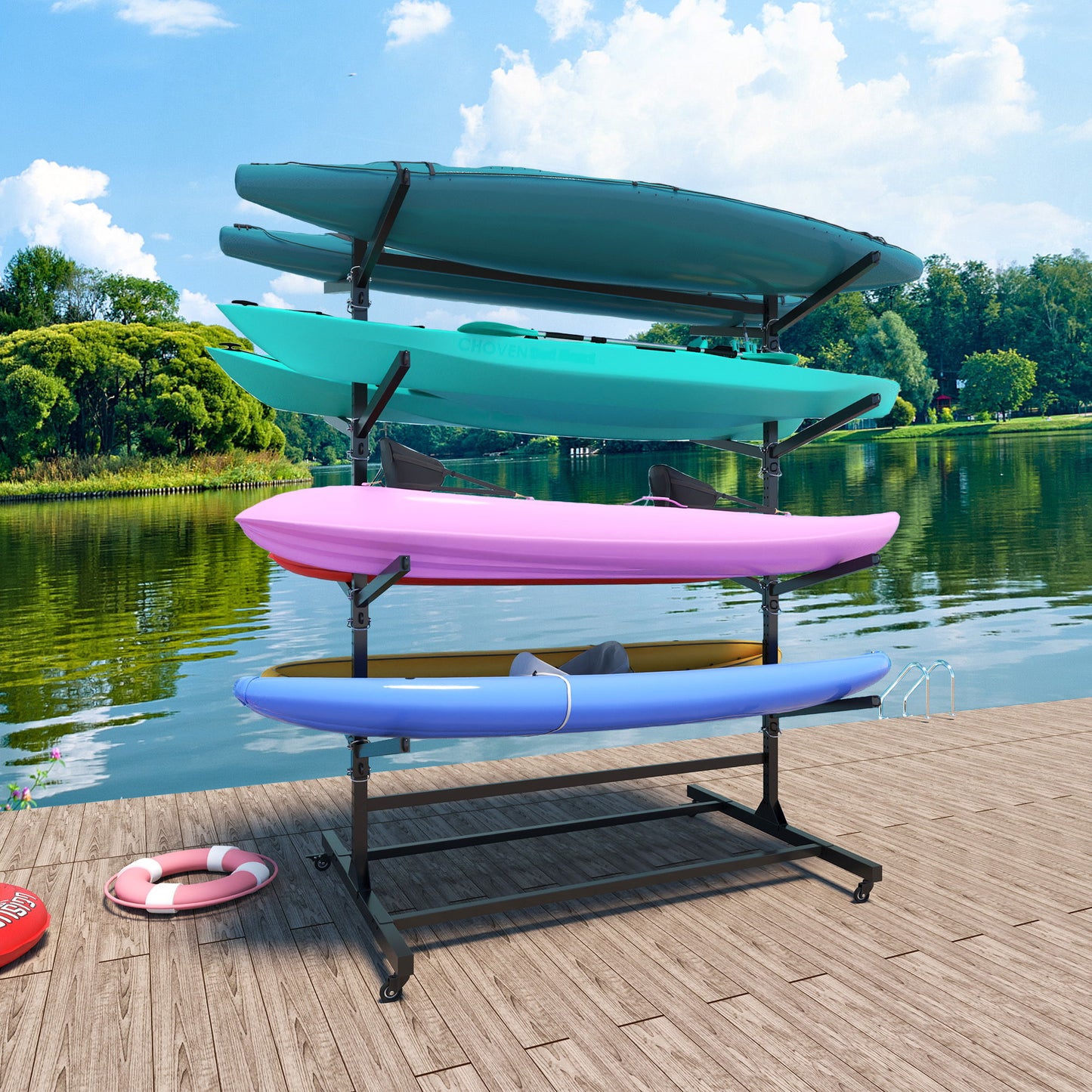 Freestanding Kayak Storage Rack With Lockable Wheels For Kayak, Canoe, Sup & Surfboard
