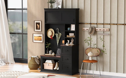 Modern Wide Hall Tree With Coat Rack, 3 Shelves And Drawers, 3 Sturdy Hooks