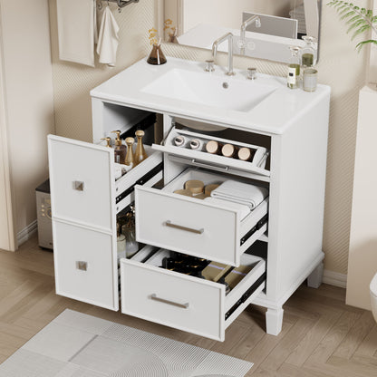 Bathroom Vanity With Ceramic Sink, Flip Out Drawer Design For Plumbing, Soft Close Drawers