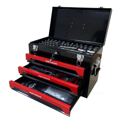 Portable 3 Drawer Steel Toolbox, 4 Layers Of Tools With Metal Latches, With Storage Tray And Carrying Handle