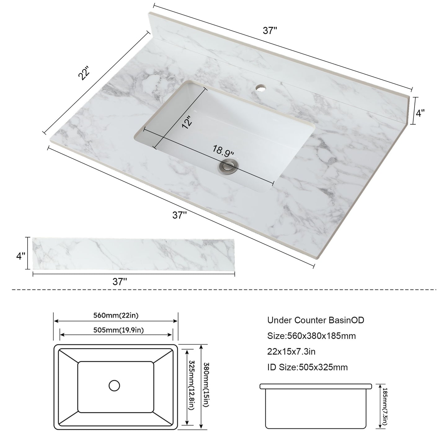 Elegant Bathroom Vanity Top With Rectangular Ceramic Sink And Backsplash