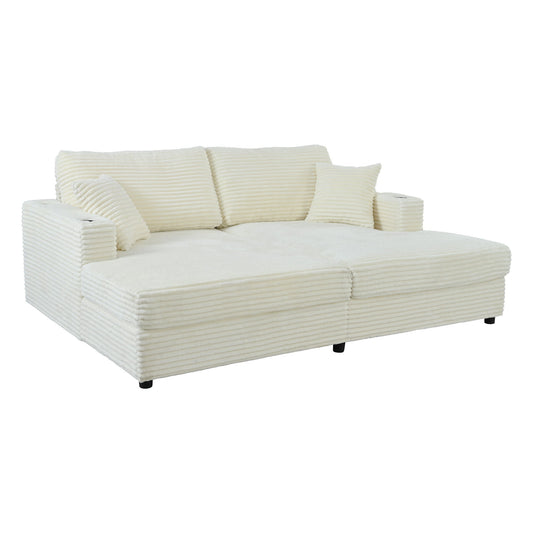 Oversized Loveseat Chaise With 2 USB Ports, 2 Cup Holders And 2 Throw Pillows