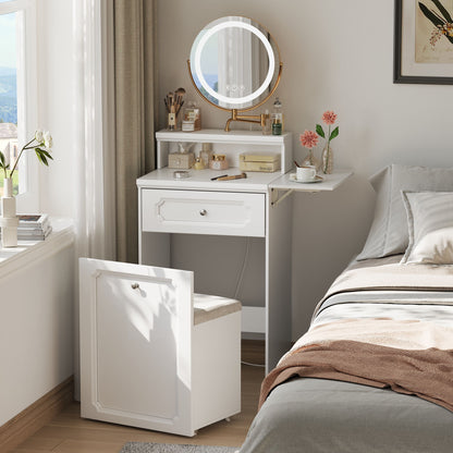 Makeup Vanity Desk With Round Mirror And Lights, 2 In 1 Nightstand, Dressing Table With A Chair - Antique White