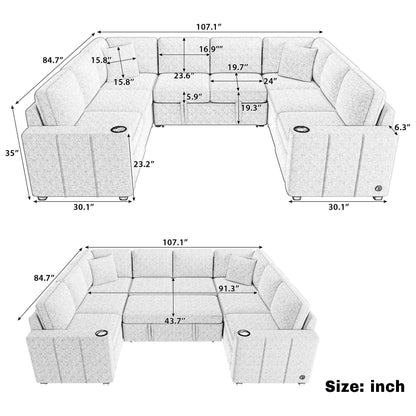 Convertible U-Shaped Sectional Sofa With Pull-Out Bed