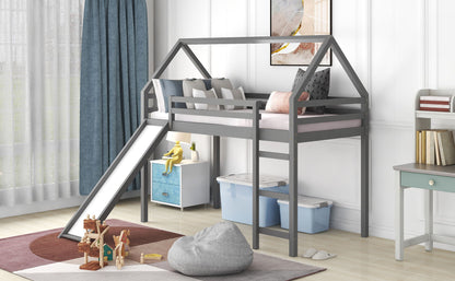 Twin Size House Loft Bed With Slide - Gray