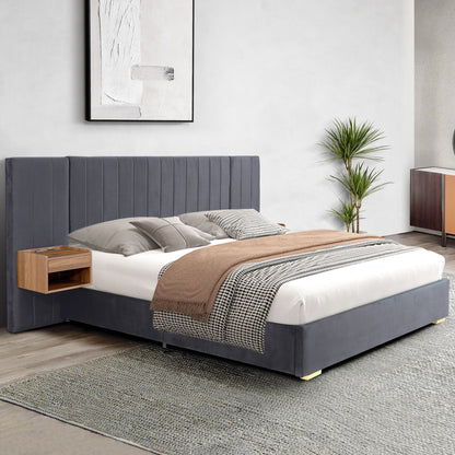Upholstered Bed Frame Of Velvet Tufted Headboard With Floating Nightstand LED / USB Built