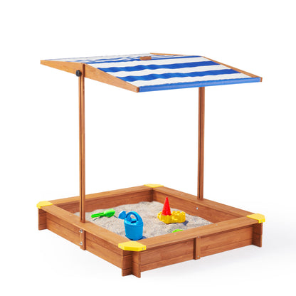 Kids Sandbox With Cover, Sand Box With Adjustable Canopy, Large Outdoor Cedar Sandpit For Backyard Play - Reddish Brown