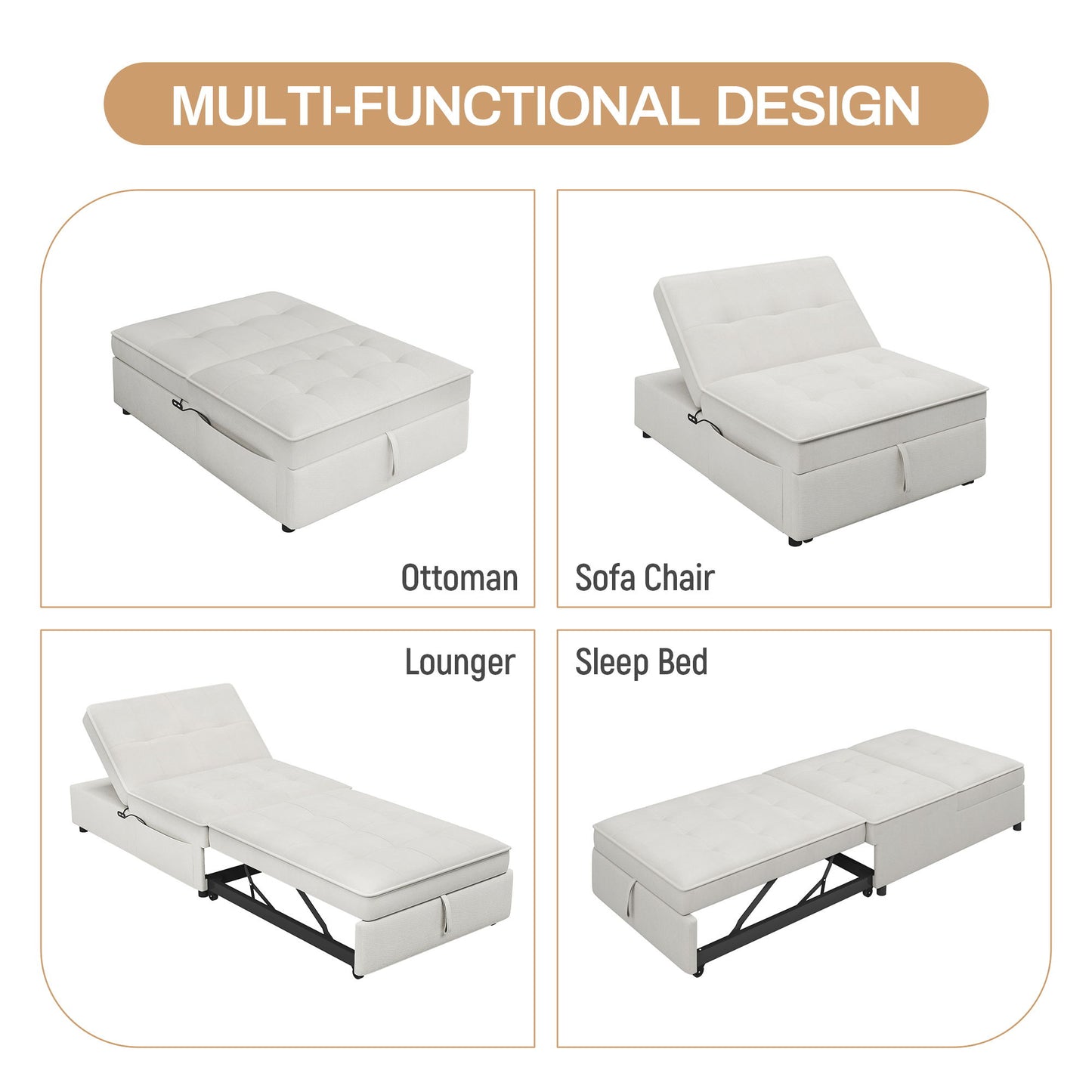 4 In 1 Sofa Bed, Multi Function Folding Ottoman Bed With Storage Pocket And USB Port For Small Room Apartment