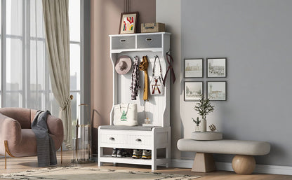 Hall Tree With 6 Hooks And Hinged Lid, Coat Hanger, Storage Bench, 3 In 1 Design