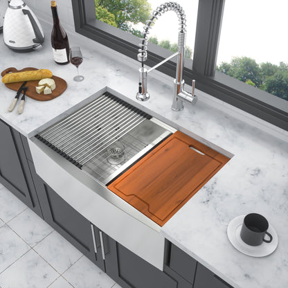 Farmhouse Double Bowl Workstation Kitchen Sink 33" Stainless Steel 16 Gauge Apron Front, Finish - White