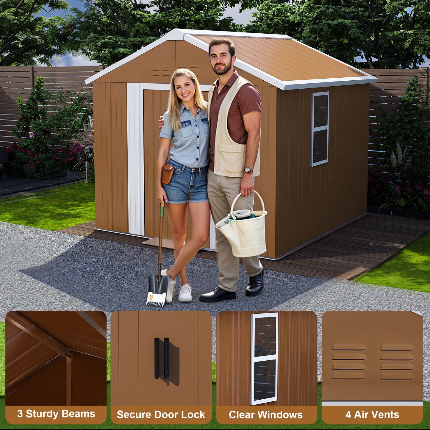 Heavy Duty Metal Storage Shed With Windows, Lockable Door & Ventilation, Weatherproof Outdoor Garden Shed For Backyard, Brown Iron 6X4 Ft