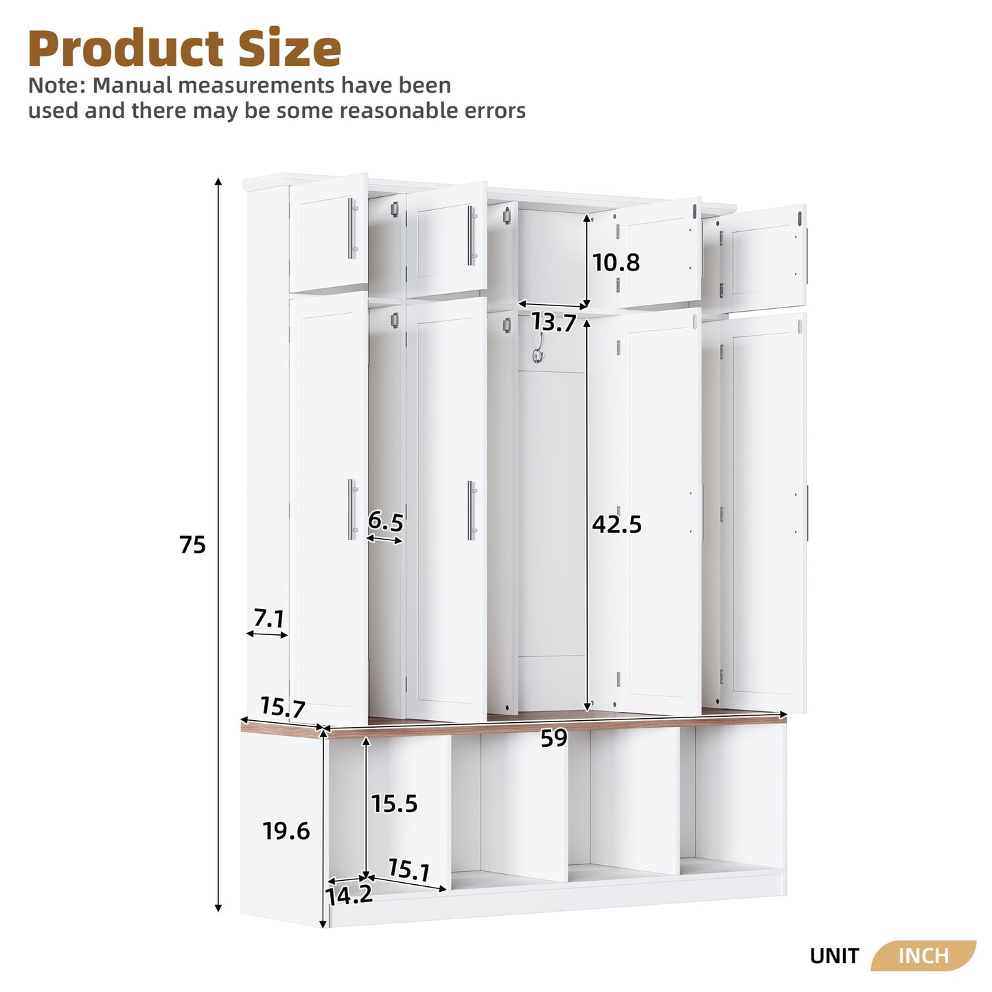 Farmhouse Hall Tree With 4 Hidden Hanging Hooks And 8 Doors