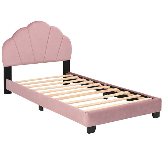 Upholstered Twin Size Platform Bed For Kids Wooden Bed Frame With Slatted Bed Base No Box Spring Needed Cute Bed Frame With Shell Design Headboard - Pink