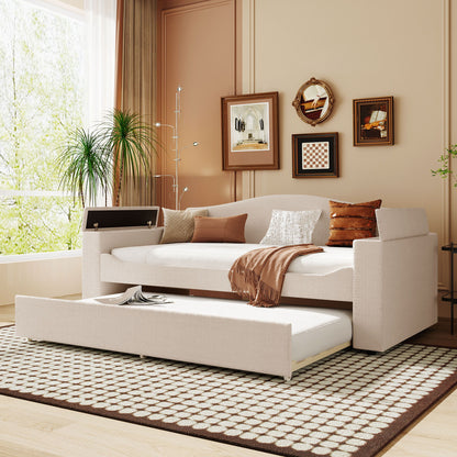 Upholstered Daybed With Storage Armrests, Trundle And Latest Integrated Bluetooth Audio System