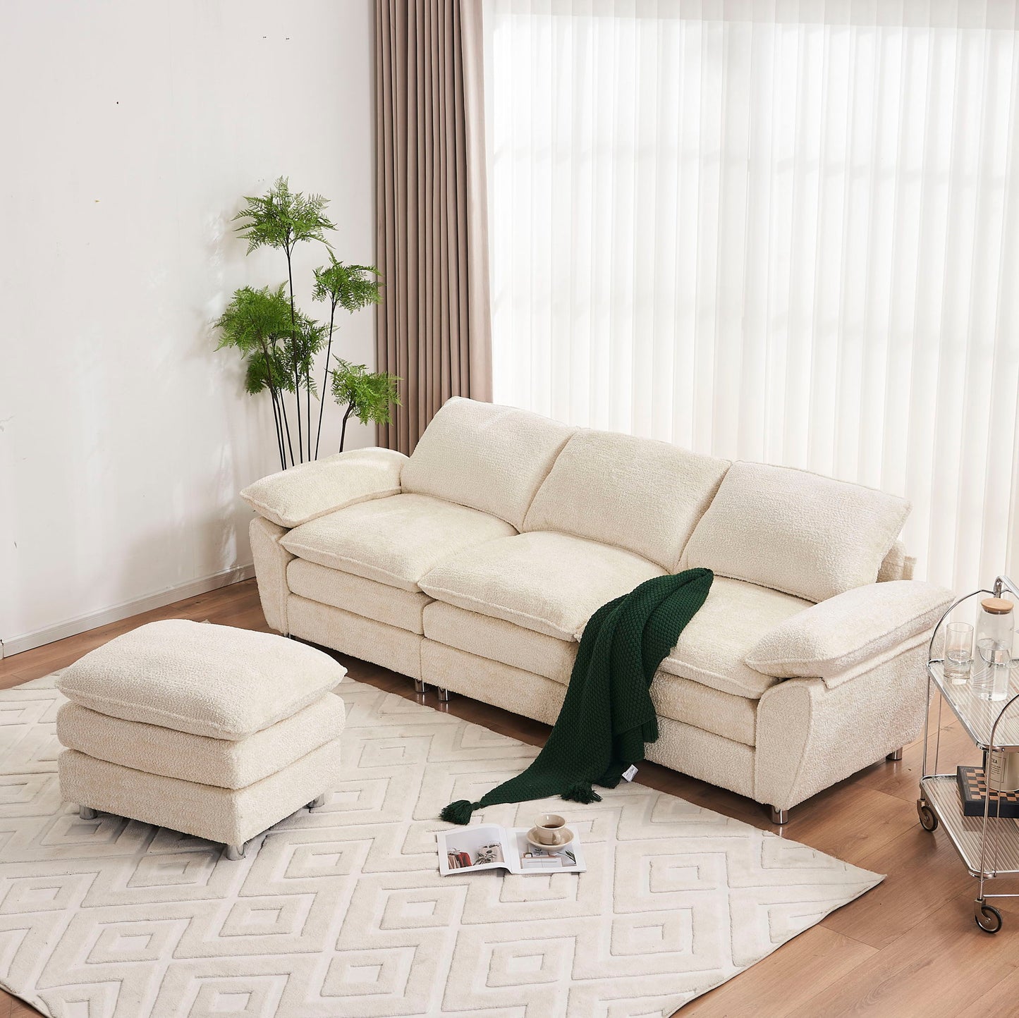 Modern Deep 3 Seat Sofa Couch With Ottoman, Comfy Upholstered Furniture