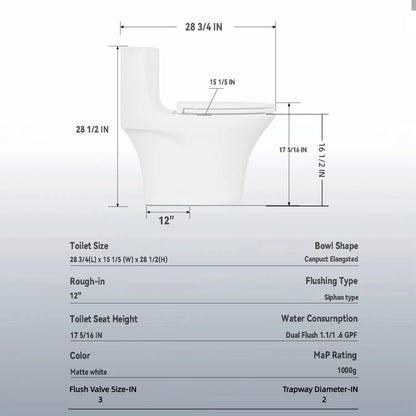 Elegant One Piece Toilet With Tornado Dual Flush, Siphonic S Trap 12", Soft Close Seat, Dual Flush, Ada Height, Glossy - Gloss White