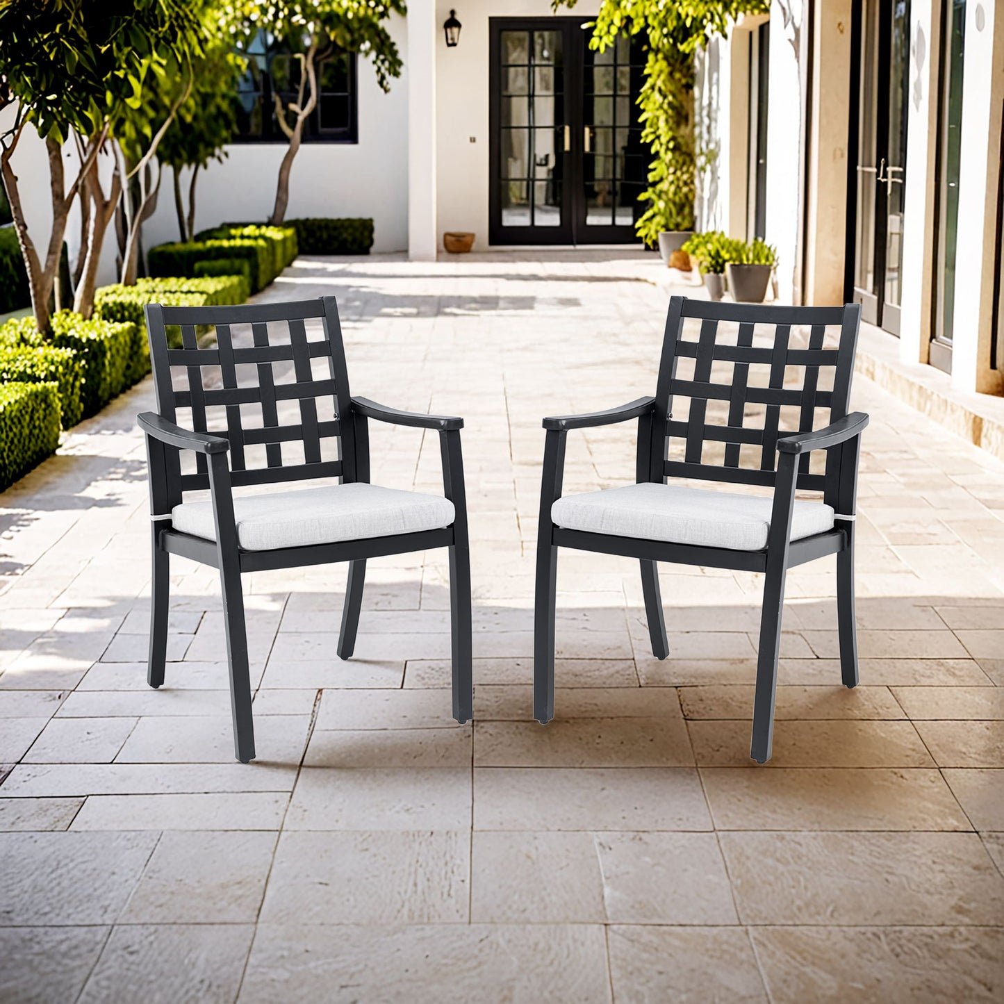 Modern Classic Cast Outdoor Patio Dining Chairs, Ergonomic Lattice Backrest Design, Sunbrella Cushion, Weather Resistant And Durable (Set of 2) - Ember Black