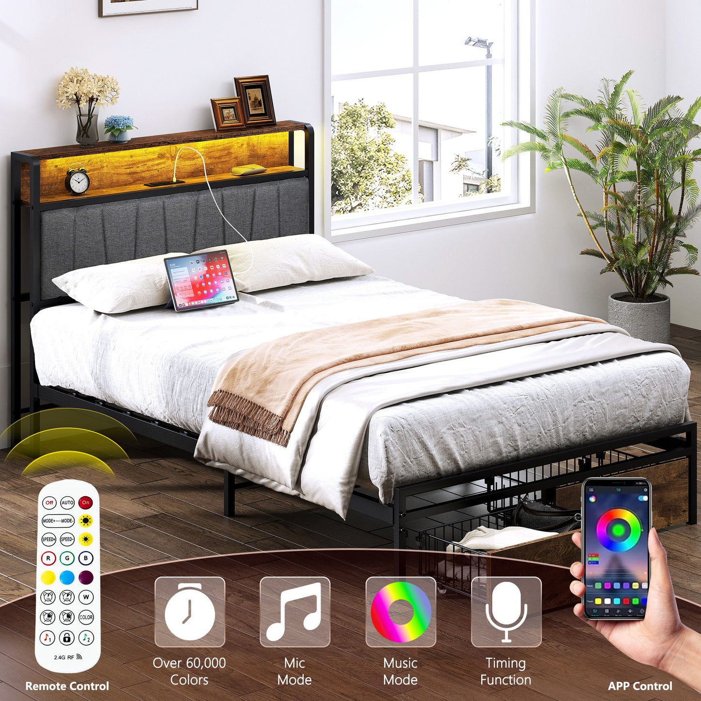 Upholstered Platform Bed Frame With Storage Drawers, USB Ports, LED Lights