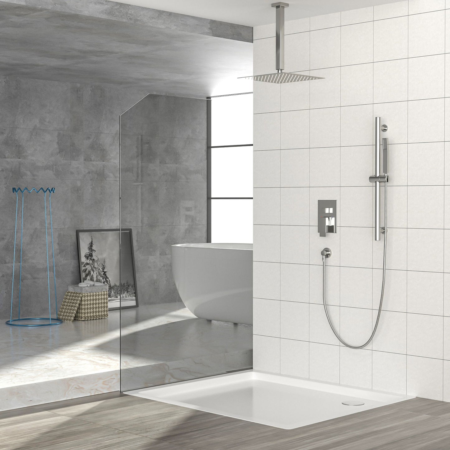 Ceiling Mounted Square Shower System With Adjustable Slide Bar, 16" Rainfall Shower With Handheld - Brushed Nickel
