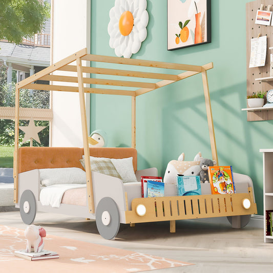 Wood Full Size Car Bed With Pillow, Ceiling Cloth And LED - Natural