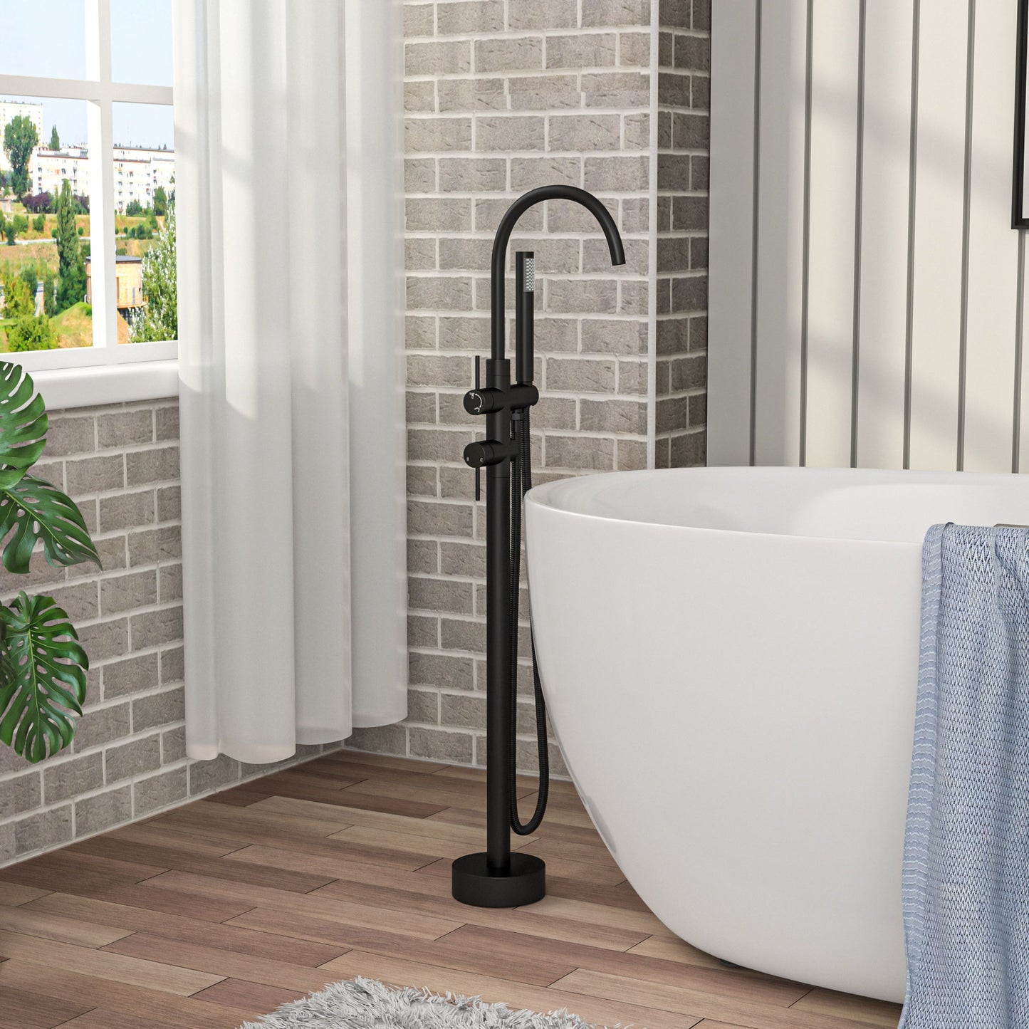 Freestanding Bathtub Faucet Floor Mount Tub Filler With Swivel Gooseneck Spout And Cylinder Handheld