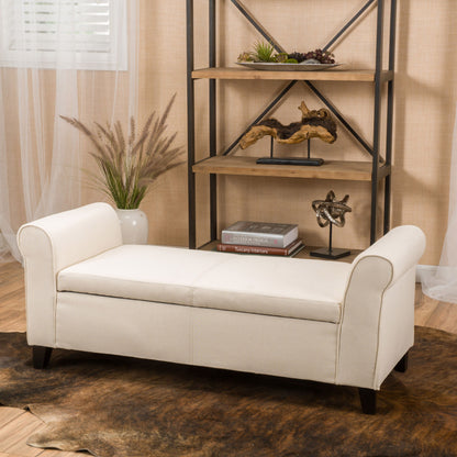 Glistening - Upholstered Storage Bench With Rolled Arms And Wood Legs - Beige