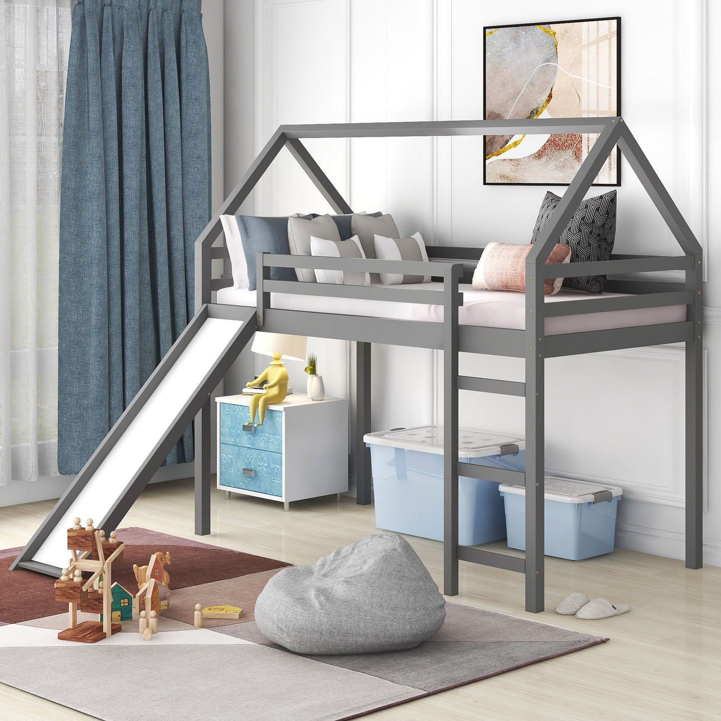 Twin Size House Loft Bed With Slide - Gray