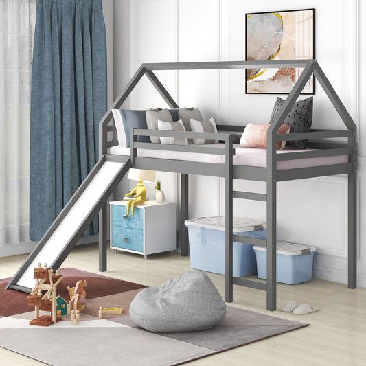 Twin Size House Loft Bed With Slide - Gray