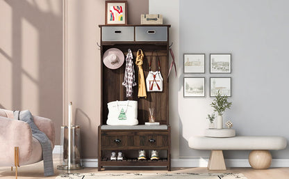 Hall Tree With 6 Hooks And Hinged Lid, Coat Hanger, Storage Bench, 3 In 1 Design