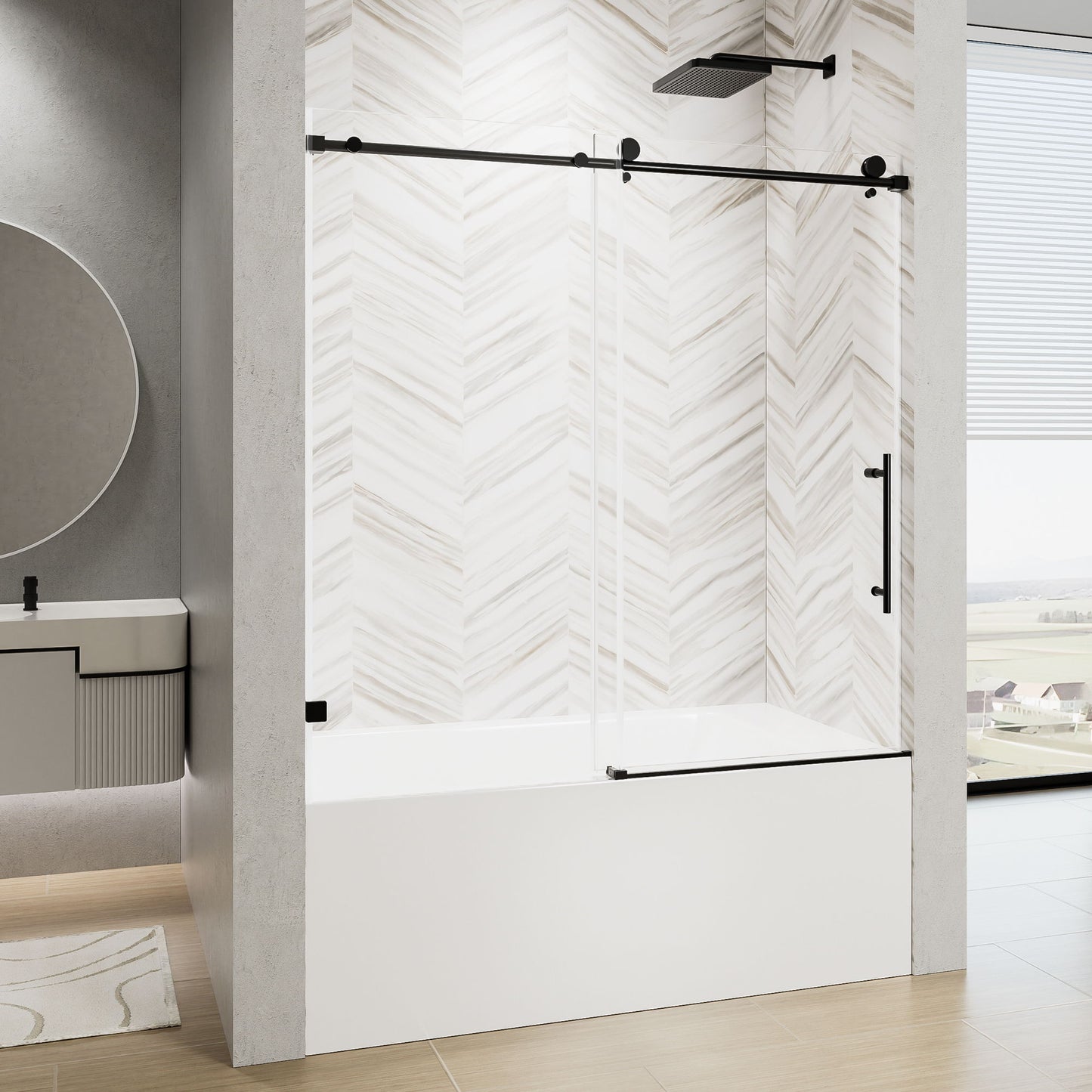 Frameless Single Sliding Shower Door With Soft Close, 5 / 16" Clear Nano Coated Tempered Glass, 60" X 60" - Matte Black