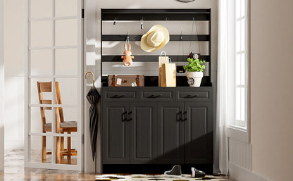 Minimalist 4 Door Shoe Cabinet With Coat Rack, 3 Drawers, 8 Shelves, Metal Hooks And Handles