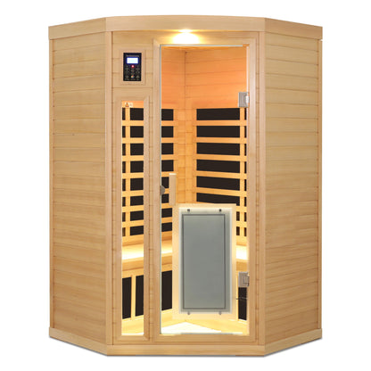 Low Emf Front Door With Heating Panel 2 Persons Hemlock Far Infrared Corner Indoor Sauna Room - Natural